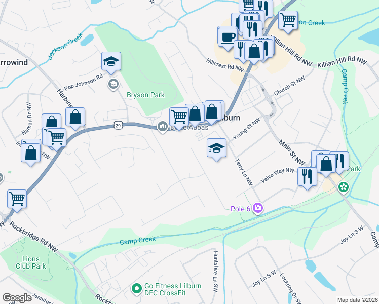 map of restaurants, bars, coffee shops, grocery stores, and more near 320 Jon Jeff Drive Northwest in Lilburn
