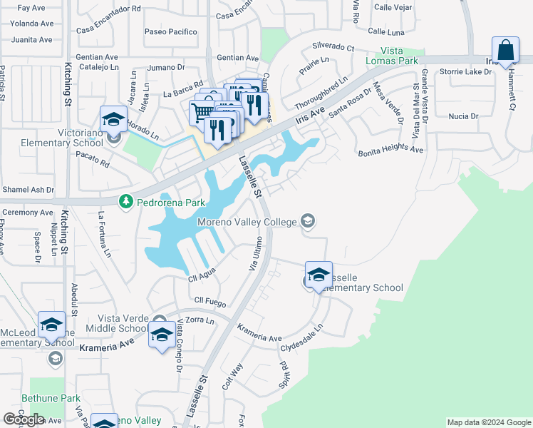 map of restaurants, bars, coffee shops, grocery stores, and more near 16111 Lasselle Street in Moreno Valley