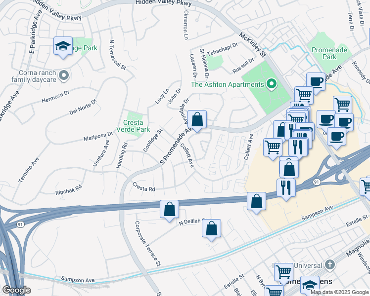 map of restaurants, bars, coffee shops, grocery stores, and more near 445 Yosemite Circle in Corona
