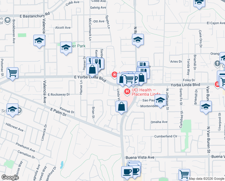 map of restaurants, bars, coffee shops, grocery stores, and more near 1050 Linda Vista Street in Yorba Linda