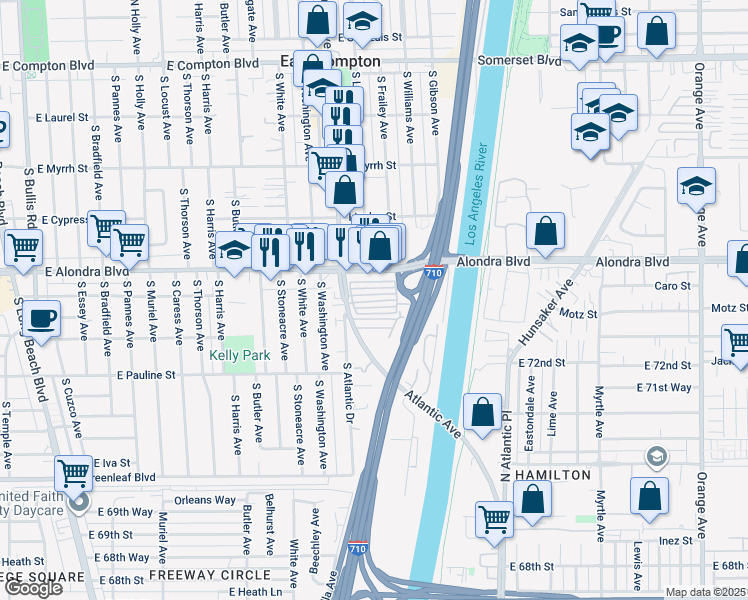 map of restaurants, bars, coffee shops, grocery stores, and more near Unnamed Road in Compton
