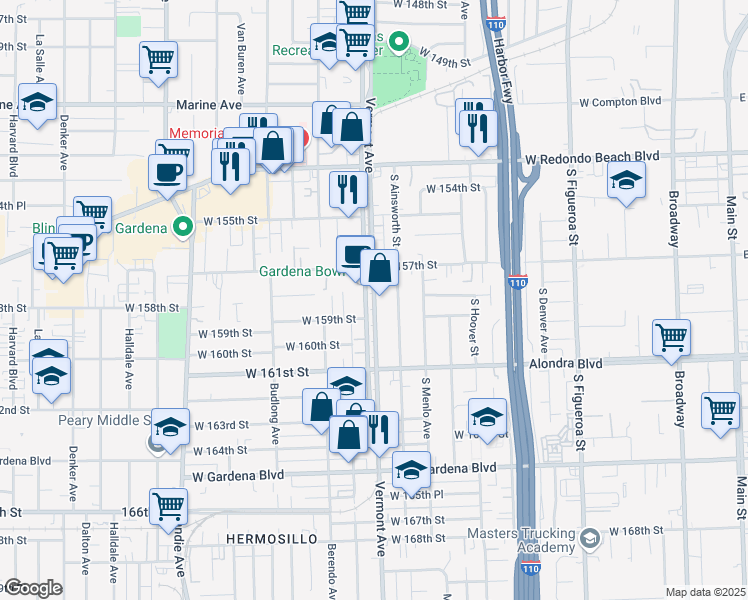 map of restaurants, bars, coffee shops, grocery stores, and more near 15812 South Vermont Avenue in Gardena