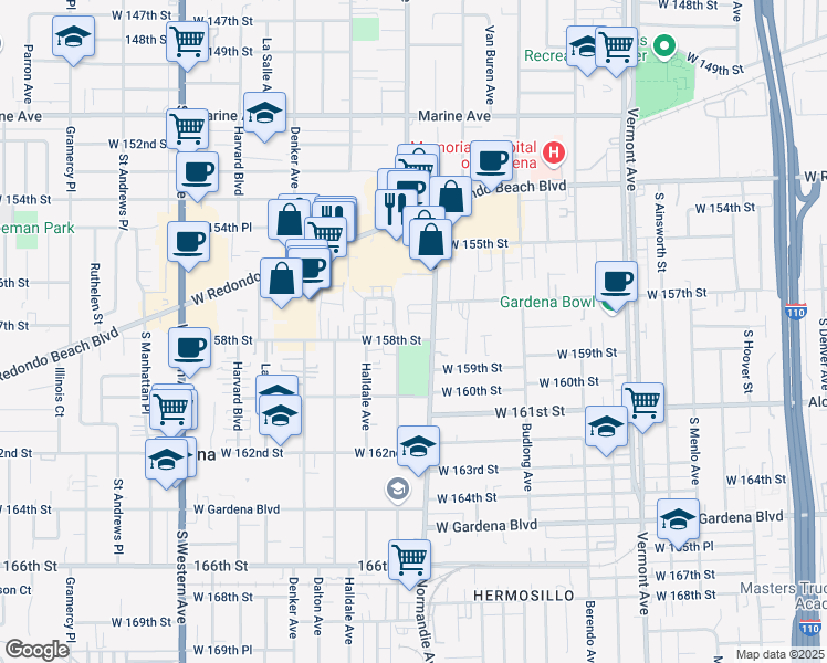map of restaurants, bars, coffee shops, grocery stores, and more near 15722 Brighton Avenue in Gardena