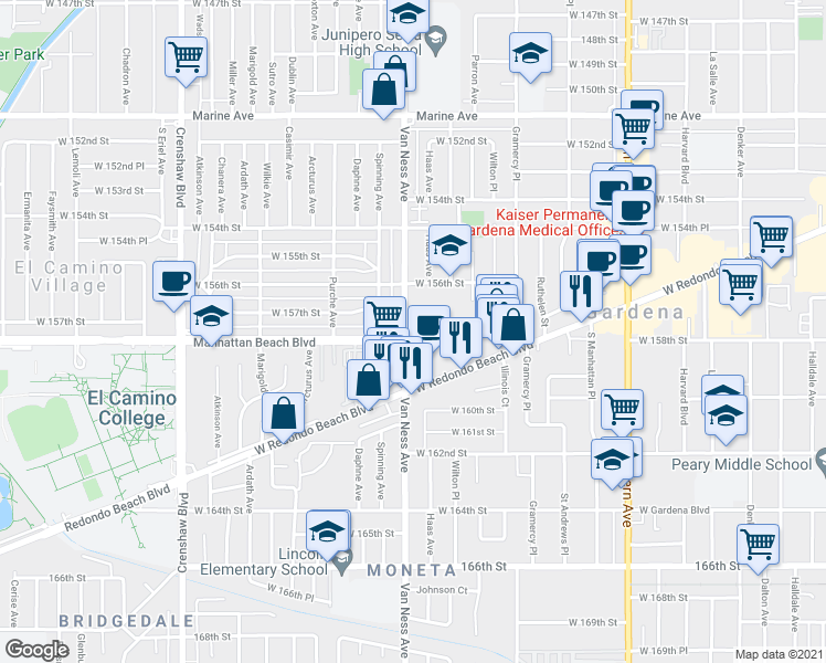 map of restaurants, bars, coffee shops, grocery stores, and more near 2125 West 157th Street in Gardena