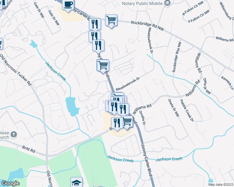 map of restaurants, bars, coffee shops, grocery stores, and more near 6192 Meadowbrook Drive in Norcross