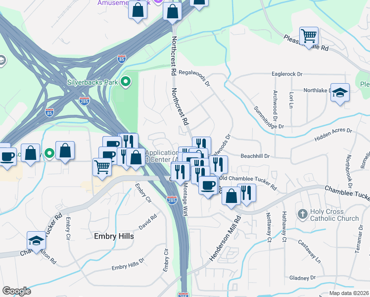 map of restaurants, bars, coffee shops, grocery stores, and more near 3342 Northcrest Road in Doraville