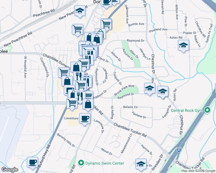 map of restaurants, bars, coffee shops, grocery stores, and more near 2594 Addison Drive in Doraville