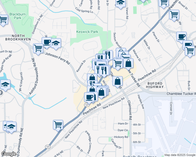map of restaurants, bars, coffee shops, grocery stores, and more near 5070 Peachtree Boulevard in Chamblee
