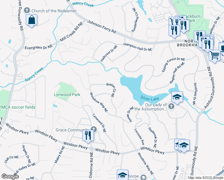 map of restaurants, bars, coffee shops, grocery stores, and more near 3338 Breton Circle Northeast in Atlanta