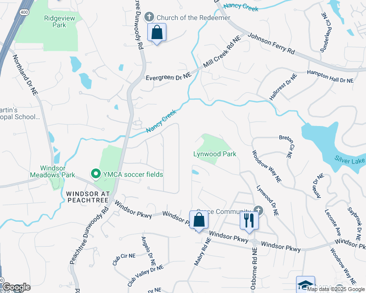 map of restaurants, bars, coffee shops, grocery stores, and more near 1305 Old Woodbine Road Northeast in Atlanta