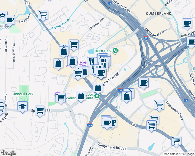map of restaurants, bars, coffee shops, grocery stores, and more near 925 Battery Avenue Southeast in Atlanta