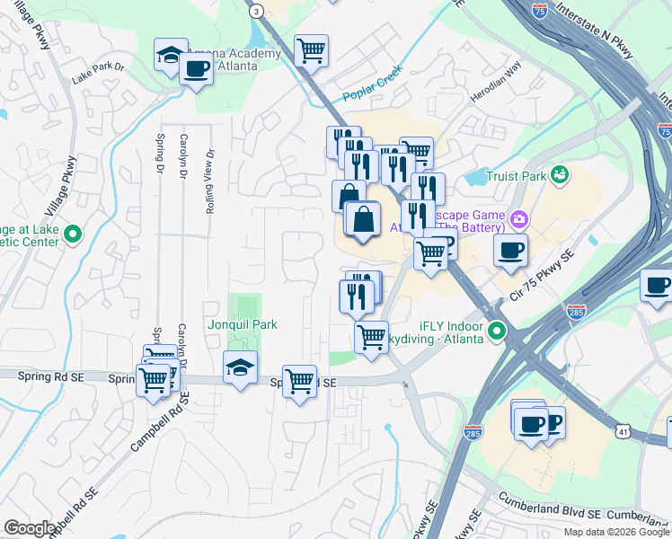 map of restaurants, bars, coffee shops, grocery stores, and more near 2540 Cumberland Boulevard Southeast in Smyrna