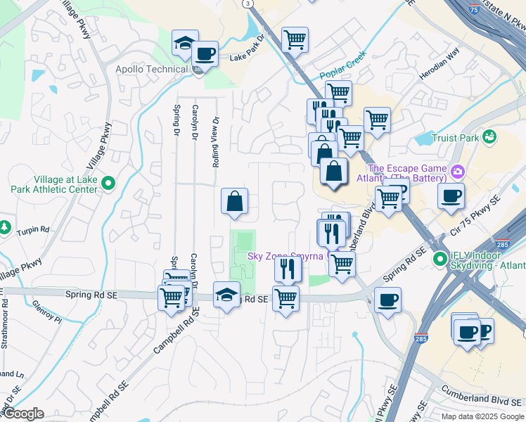 map of restaurants, bars, coffee shops, grocery stores, and more near 2028 Oakley Trace in Smyrna