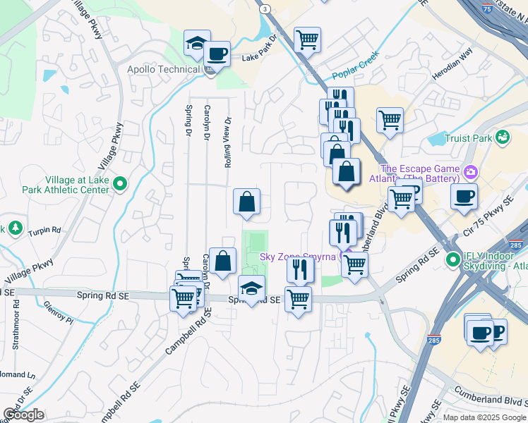 map of restaurants, bars, coffee shops, grocery stores, and more near 1269 Creekside Court in Smyrna