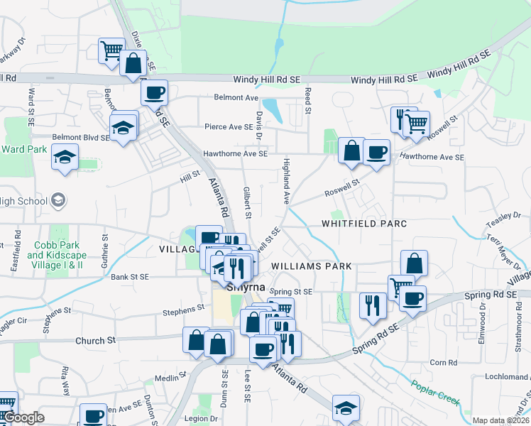 map of restaurants, bars, coffee shops, grocery stores, and more near 2678 Devin Court Southeast in Smyrna