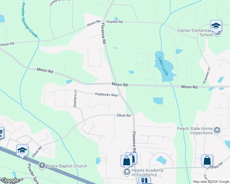 map of restaurants, bars, coffee shops, grocery stores, and more near 1020 Paddocks Way in Powder Springs