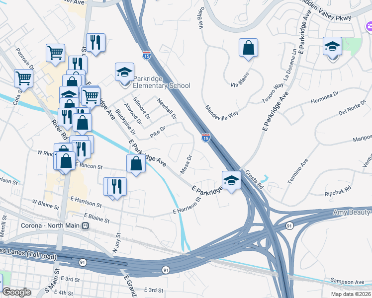 map of restaurants, bars, coffee shops, grocery stores, and more near 541 San Gorgonio Drive in Corona