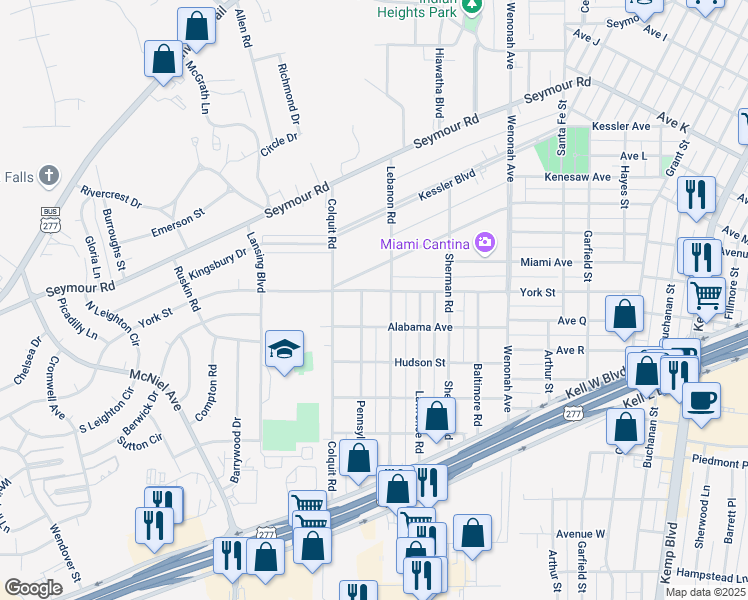 map of restaurants, bars, coffee shops, grocery stores, and more near 3801 York Street in Wichita Falls