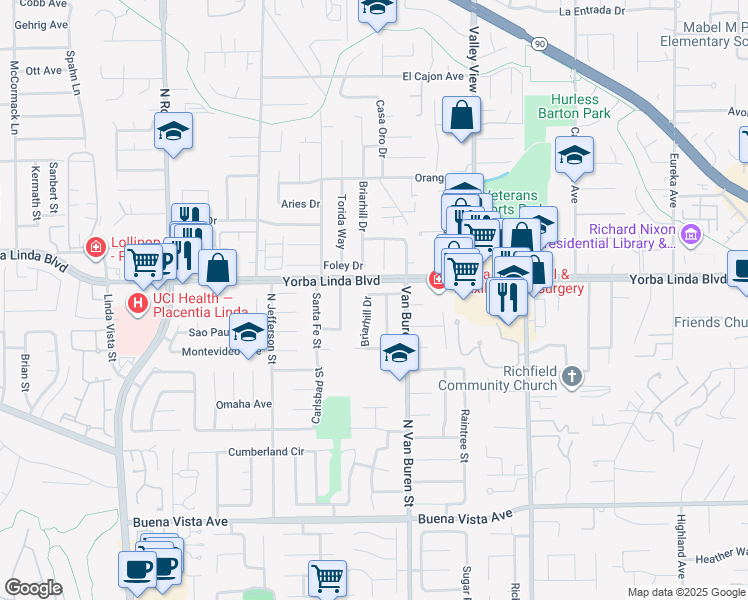 map of restaurants, bars, coffee shops, grocery stores, and more near 5042 Briarhill Drive in Yorba Linda