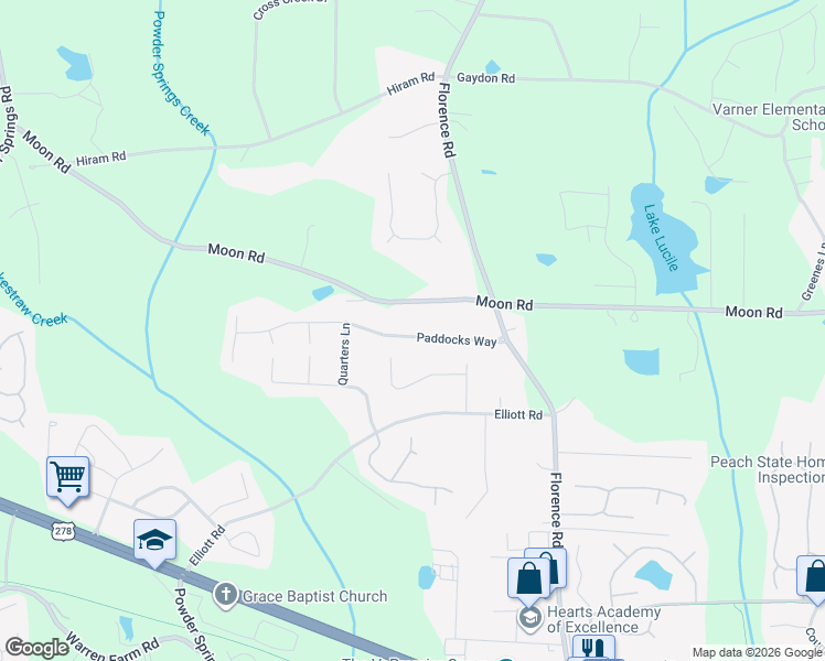 map of restaurants, bars, coffee shops, grocery stores, and more near 1220 Paddocks Way in Powder Springs