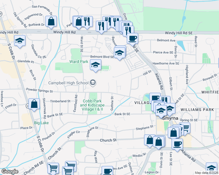 map of restaurants, bars, coffee shops, grocery stores, and more near 1031 Powder Springs Street in Smyrna