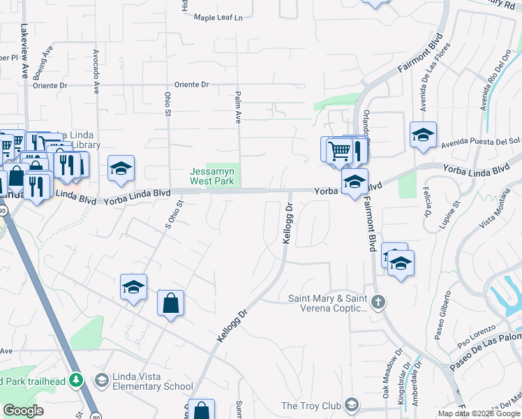 map of restaurants, bars, coffee shops, grocery stores, and more near 5061 West Knoll Drive in Yorba Linda