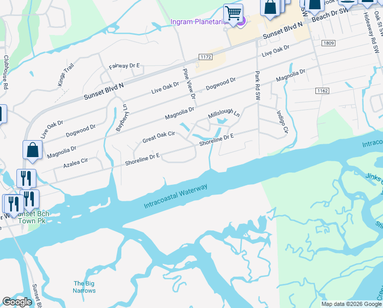 map of restaurants, bars, coffee shops, grocery stores, and more near 535 Twisted Oak Lane in Sunset Beach