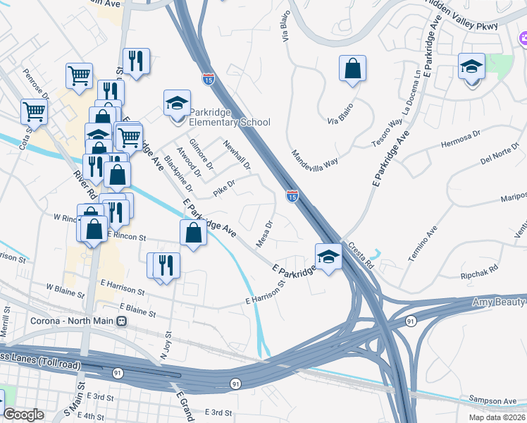 map of restaurants, bars, coffee shops, grocery stores, and more near 541 San Gorgonio Drive in Corona