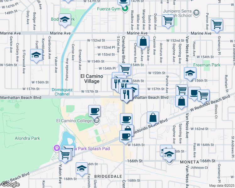 map of restaurants, bars, coffee shops, grocery stores, and more near 15717 Crenshaw Boulevard in Gardena