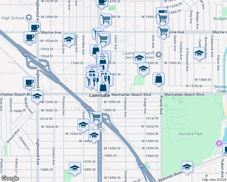 map of restaurants, bars, coffee shops, grocery stores, and more near 4307 Manhattan Beach Boulevard in Lawndale
