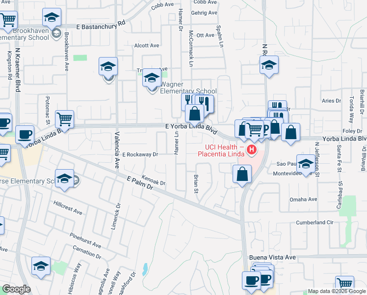 map of restaurants, bars, coffee shops, grocery stores, and more near 5111 Cedarlawn Drive in Placentia