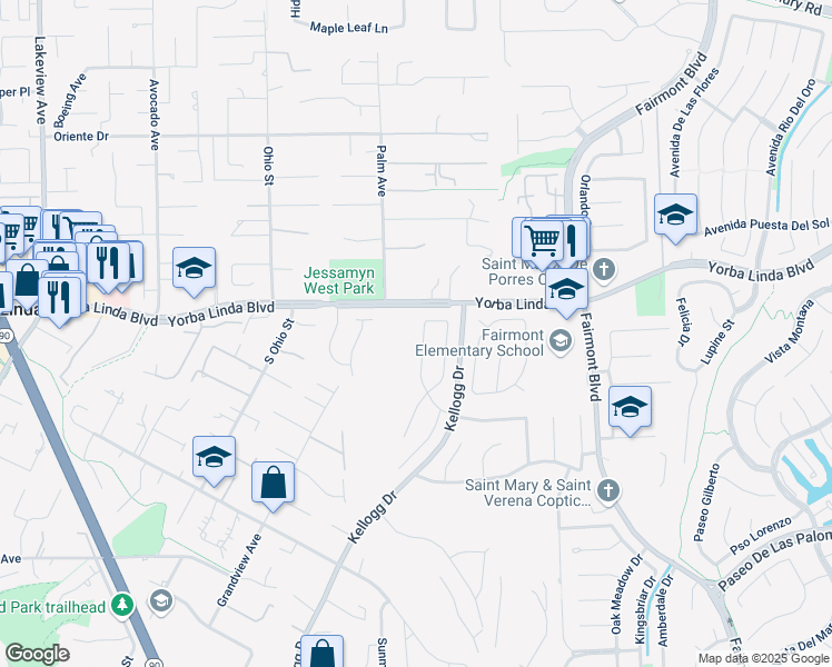 map of restaurants, bars, coffee shops, grocery stores, and more near 5061 West Knoll Drive in Yorba Linda