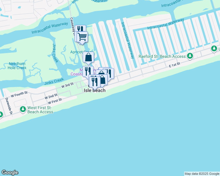map of restaurants, bars, coffee shops, grocery stores, and more near 16 East 1st Street in Ocean Isle Beach