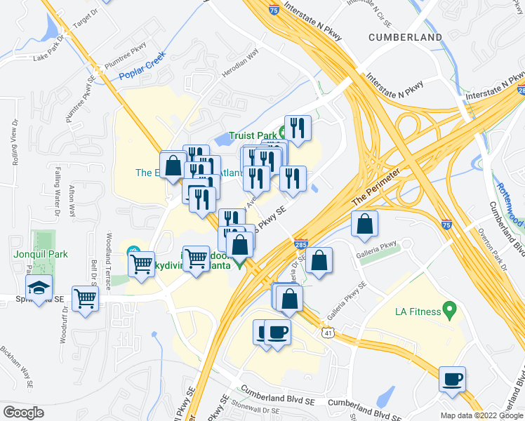 map of restaurants, bars, coffee shops, grocery stores, and more near 2565 Heritage Court Southeast in Atlanta
