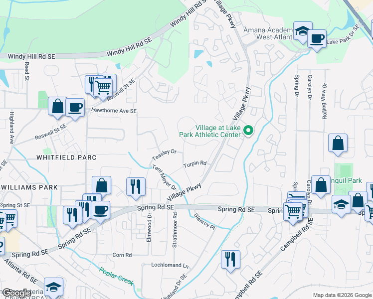 map of restaurants, bars, coffee shops, grocery stores, and more near 2164 Gordon Circle in Smyrna