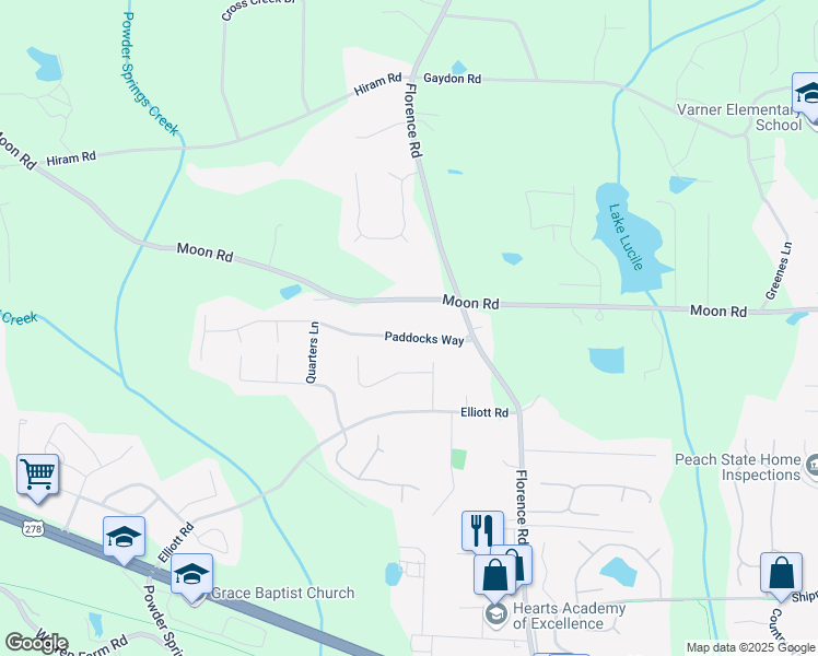 map of restaurants, bars, coffee shops, grocery stores, and more near 1120 Paddocks Way in Powder Springs