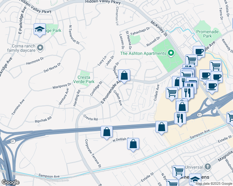 map of restaurants, bars, coffee shops, grocery stores, and more near 445 Yosemite Circle in Corona