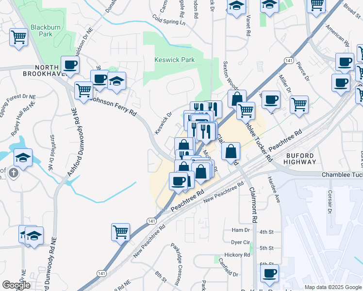 map of restaurants, bars, coffee shops, grocery stores, and more near 3208 Jefferson Circle South in Chamblee