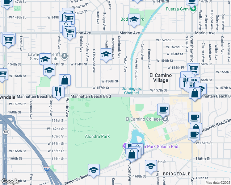 map of restaurants, bars, coffee shops, grocery stores, and more near 3703 Manhattan Beach Boulevard in Lawndale