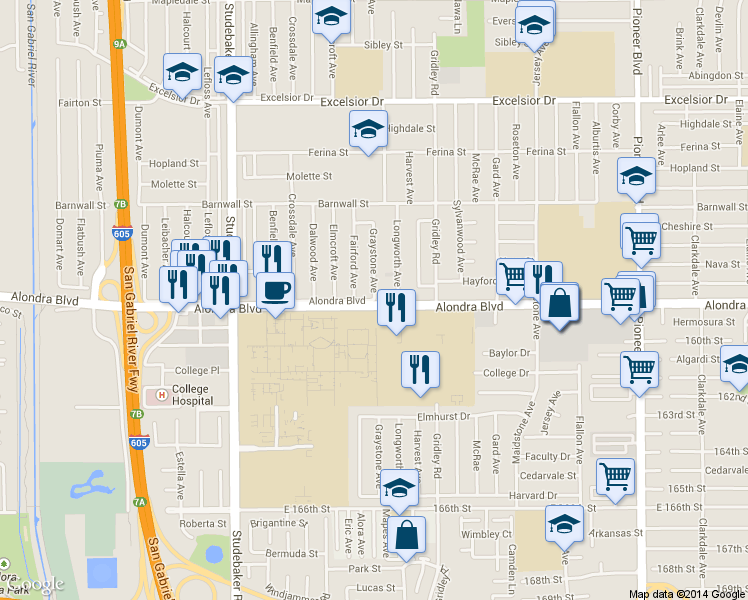 map of restaurants, bars, coffee shops, grocery stores, and more near Graystone Ave & Alondra Blvd in Norwalk