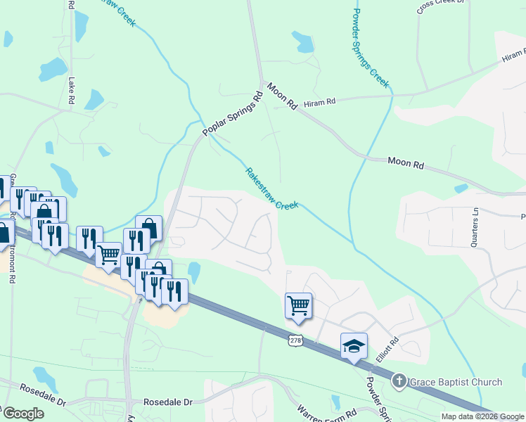 map of restaurants, bars, coffee shops, grocery stores, and more near 157 Spur Lane in Hiram
