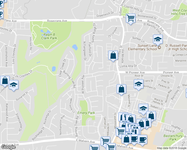 map of restaurants, bars, coffee shops, grocery stores, and more near 2559 Greenhill Drive in Fullerton