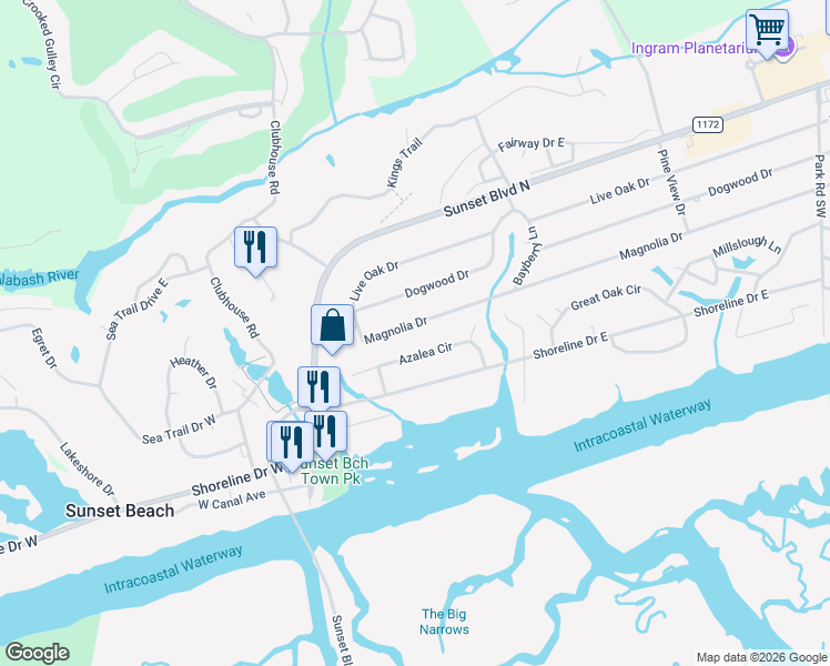 map of restaurants, bars, coffee shops, grocery stores, and more near 222 Magnolia Drive in Sunset Beach