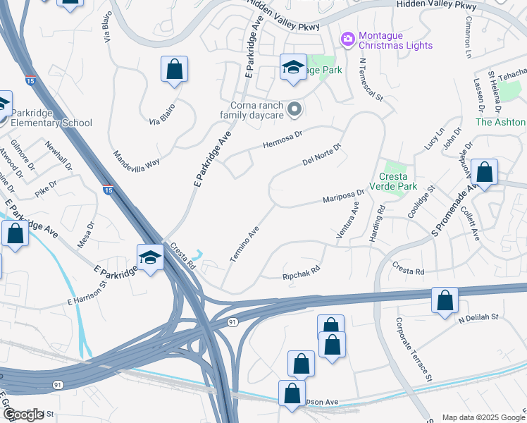 map of restaurants, bars, coffee shops, grocery stores, and more near 550 Termino Avenue in Corona