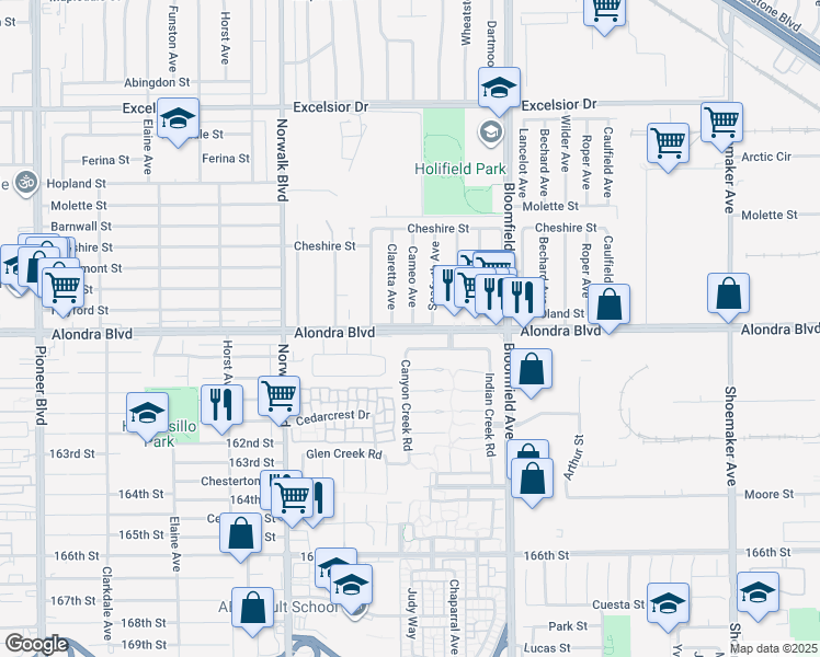 map of restaurants, bars, coffee shops, grocery stores, and more near 12417 Alondra Boulevard in Norwalk