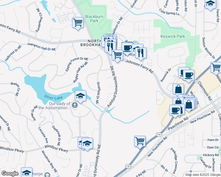 map of restaurants, bars, coffee shops, grocery stores, and more near 1559 Brookhaven Hill Northeast in Atlanta