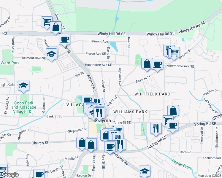 map of restaurants, bars, coffee shops, grocery stores, and more near 2678 Devin Court Southeast in Smyrna