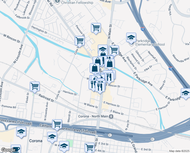 map of restaurants, bars, coffee shops, grocery stores, and more near 602 North Main Street in Corona
