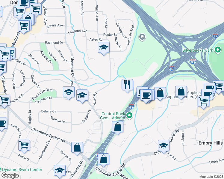map of restaurants, bars, coffee shops, grocery stores, and more near 3373 Aztec Road in Atlanta