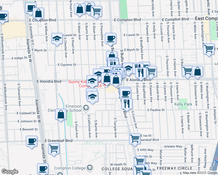 map of restaurants, bars, coffee shops, grocery stores, and more near 961 South Long Beach Boulevard in Compton